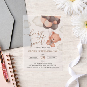 Baby Bear, Brown Balloons, First Birthday Vellum Invitations