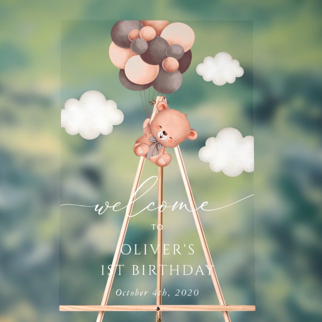 Baby Bear, Brown Balloons, First Birthday Welcome Acrylic Sign (Neutral)