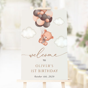 Baby Bear, Brown Balloons, First Birthday Welcome Poster