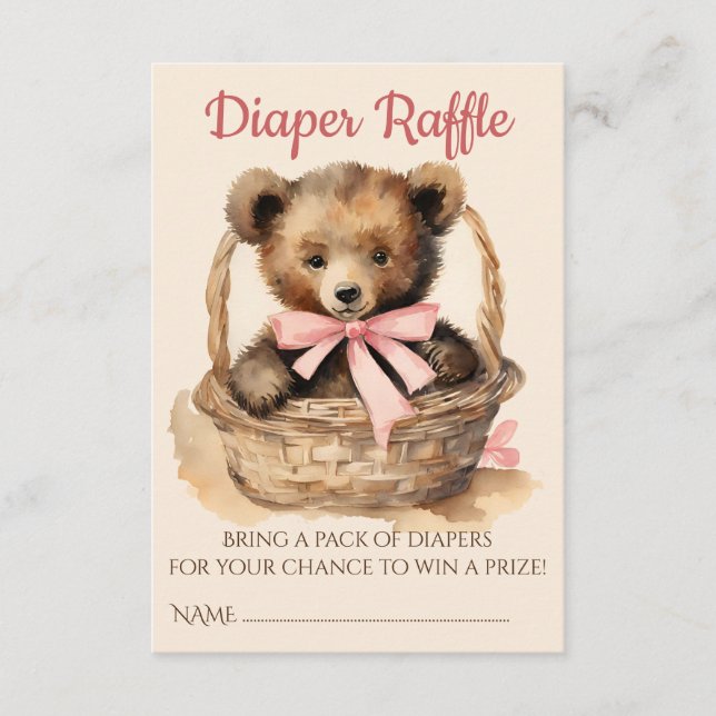 Baby Bear Cub Girl Baby Shower Diaper Raffle Enclosure Card (Front)