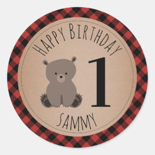 Baby Bear Cub Lumberjack Plaid Birthday Classic Round Sticker