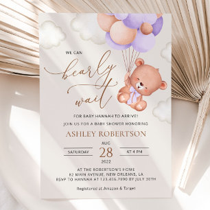 Baby Bear, Cute Bear, Purple Balloons, Baby Shower Invitation