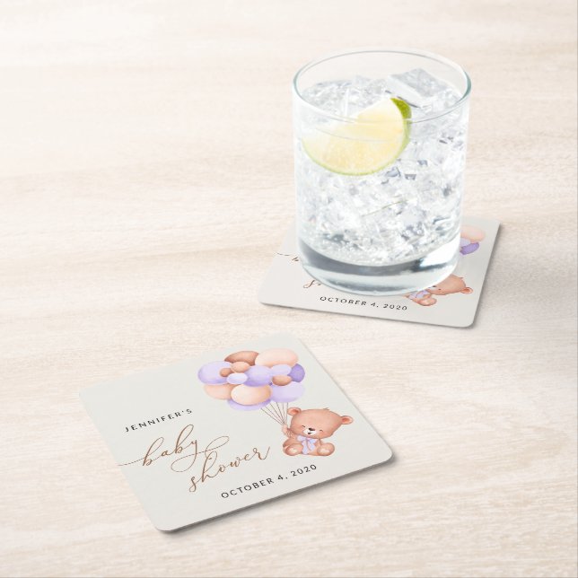 Baby Bear, Cute Bear, Purple Balloons, Baby Shower Square Paper Coaster (Insitu)