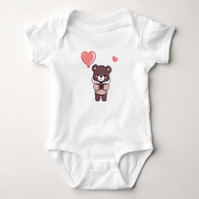 baby bear design holding heart shaped balloon  baby bodysuit (Front)