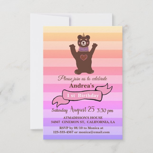 Baby Bear Girl's Birthday Party Invitation (Front)