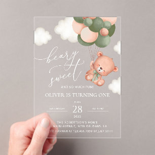 Baby Bear, Green Balloons, First Birthday Acrylic Invitations