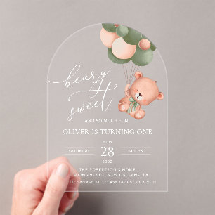 Baby Bear, Green Balloons, First Birthday Acrylic Invitations