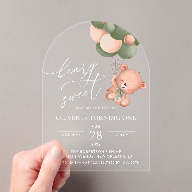 Baby Bear, Green Balloons, First Birthday Acrylic Invitations (Insitu (Handheld))