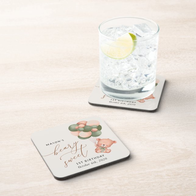 Baby Bear, Green Balloons, First Birthday Coaster (Right Side)