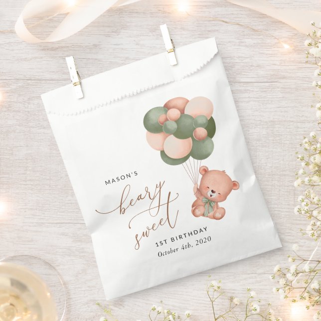 Baby Bear, Green Balloons, First Birthday Favour Bag (Clipped)