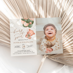 Baby Bear, Green Balloons, First Birthday Invitation