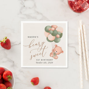 Baby Bear, Green Balloons, First Birthday Napkin