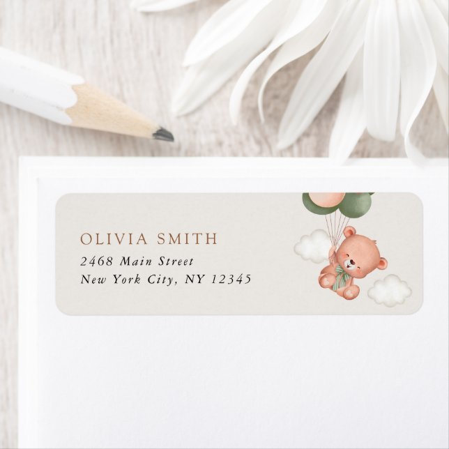 Baby Bear, Green Balloons, First Birthday Return Address Label (Insitu)