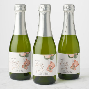 Baby Bear, Green Balloons, First Birthday Sparkling Wine Label