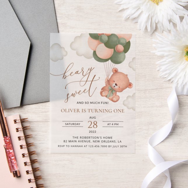 Baby Bear, Green Balloons, First Birthday Vellum Invitations (Wedding)