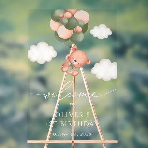 Baby Bear, Green Balloons, First Birthday Welcome Acrylic Sign