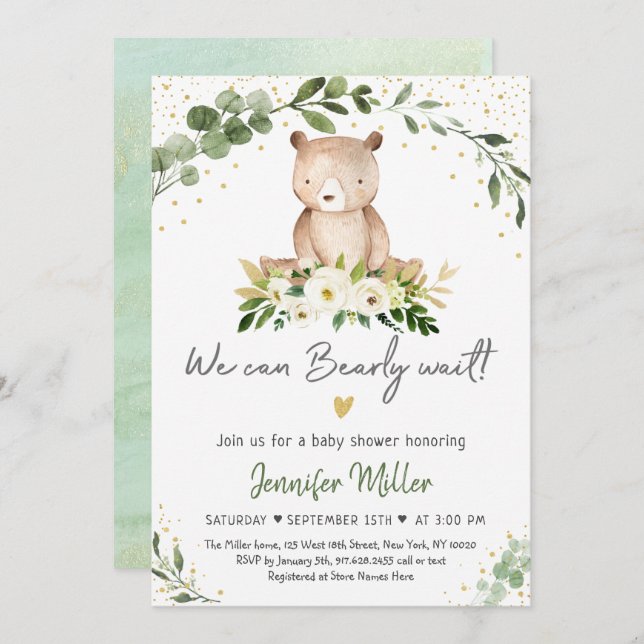 Baby Bear Greenery Gold Floral Baby Shower Invitation (Front/Back)