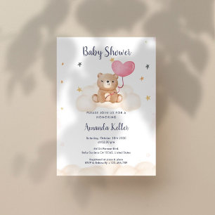 Baby Bear Heart Balloon Baby Shower Invitation