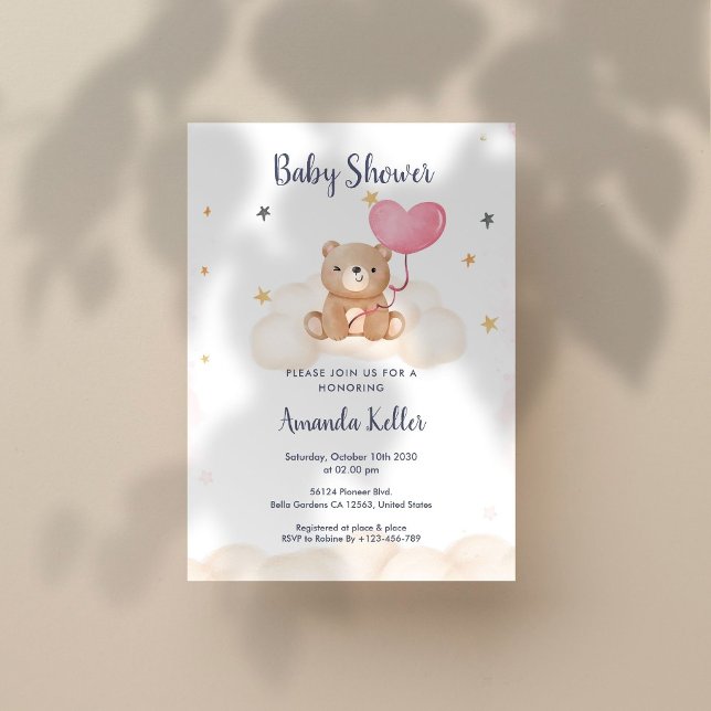 Baby Bear Heart Balloon Baby Shower Invitation (Creator Uploaded)