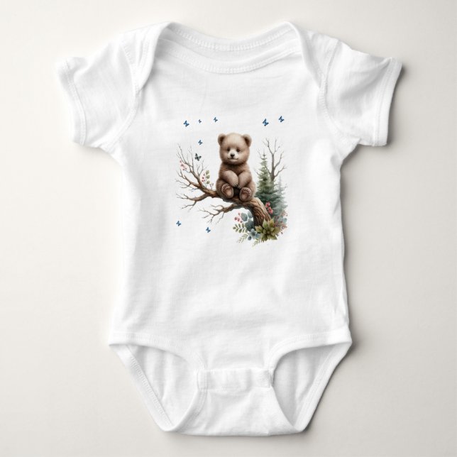 Baby Bear on a log Baby Bodysuit (Front)