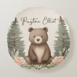 Baby Bear Pine Trees Round Cushion