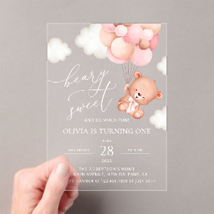 Baby Bear, Pink Balloons, First Birthday Acrylic Invitations
