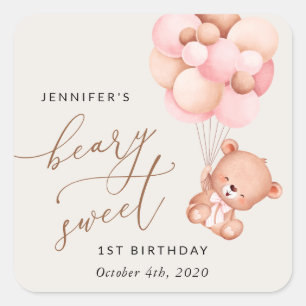 Baby Bear, Pink Balloons, First Birthday Square Sticker