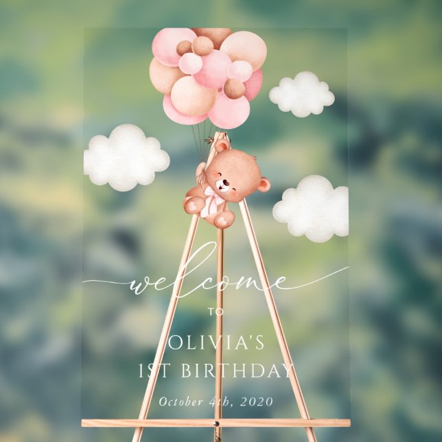 Baby Bear, Pink Balloons, First Birthday Welcome Acrylic Sign (Neutral)