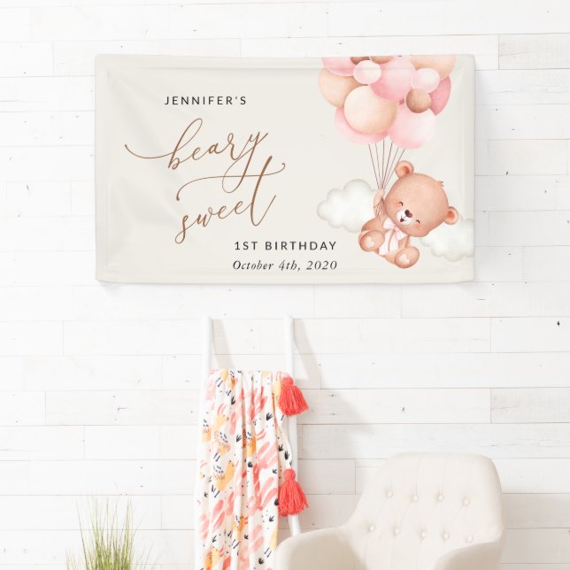 Baby Bear, Pink Balloons, First Birthday Welcome Banner (Insitu)