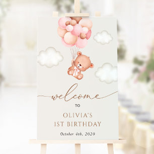 Baby Bear, Pink Balloons, First Birthday Welcome Poster