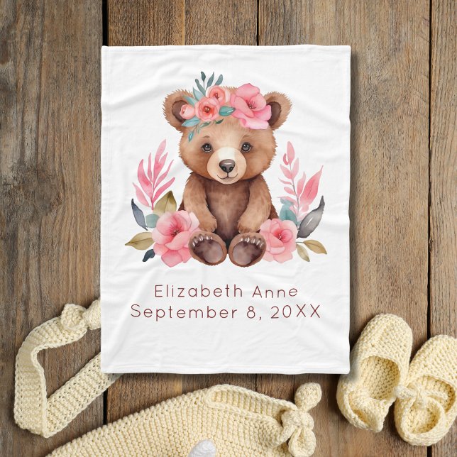 Baby Bear Pink Flowers Watercolor Gift Baby Fleece Blanket (Baby Bear Pink Flowers Birth Stats Personalized Baby Girl baby blanket)