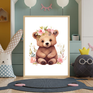 Baby Bear Pink Flowers Watercolor Nursery Wall Art