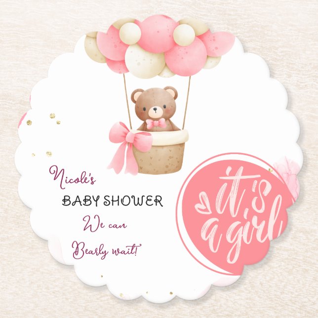 Baby Bear Pink Gold Hot Air Balloon Baby Shower Paper Coaster (Front)