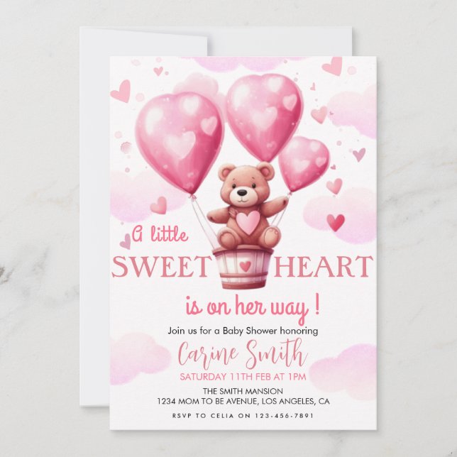 Baby Bear Pink Heart Balloon Baby shower Invitation (Front)