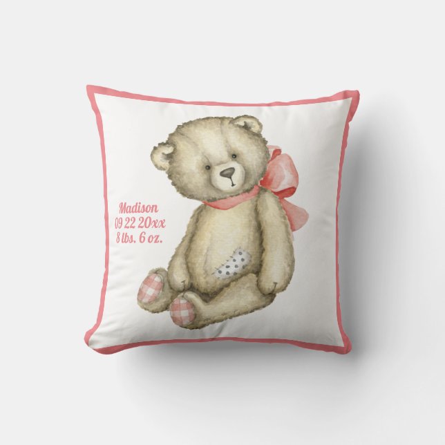 Baby Bear Pink Ribbon Watercolor Baby Girl Cushion (Front)