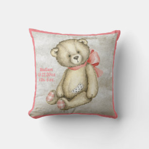 Baby Bear Pink Ribbon Watercolor Baby Girl Vintage Cushion