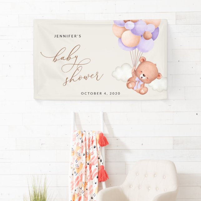 Baby Bear, Purple Balloons, Baby Shower Welcome Banner (Insitu)