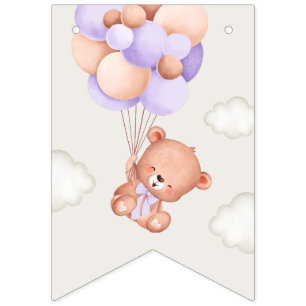 Baby Bear, Purple Balloons, First Birthday Bunting
