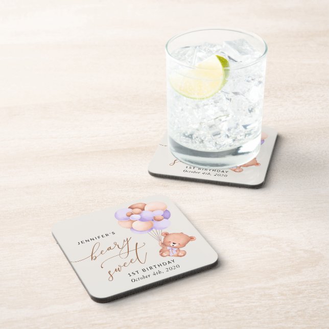 Baby Bear, Purple Balloons, First Birthday Coaster (Right Side)