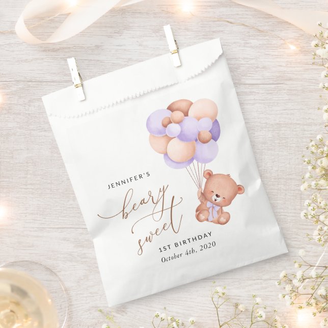 Baby Bear, Purple Balloons, First Birthday Favour Bag (Clipped)