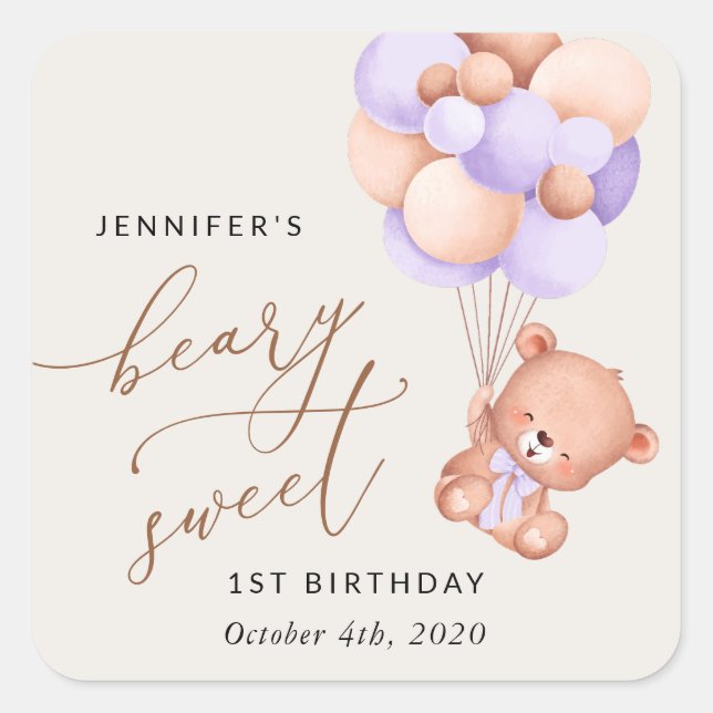 Baby Bear, Purple Balloons, First Birthday Square Sticker (Front)