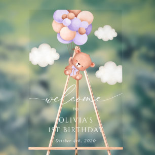 Baby Bear, Purple Balloons, First Birthday Welcome Acrylic Sign