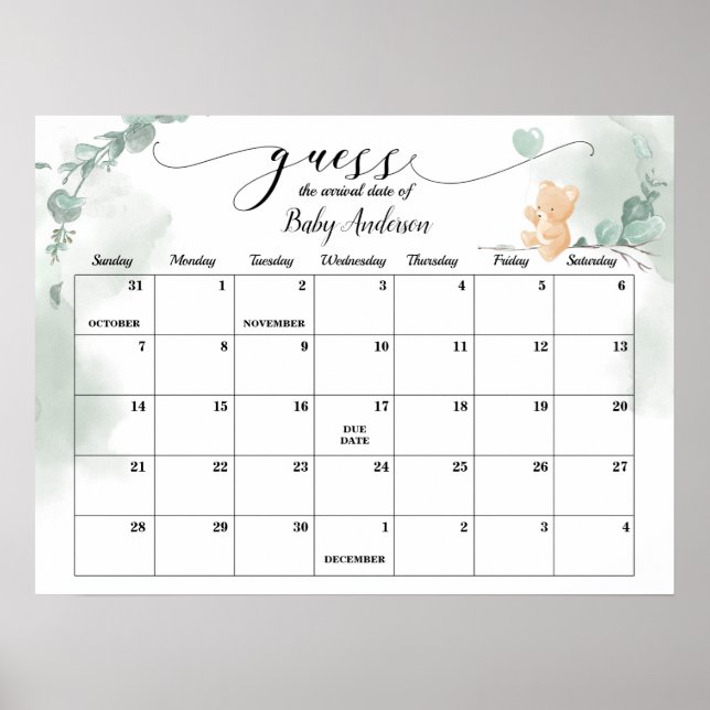 Baby Bear Shower Guess Due Date Calendar Poster (Front)