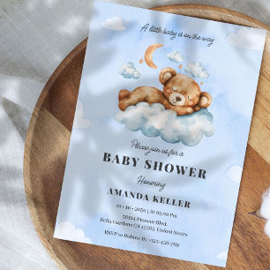 Baby Bear Sleep Cute Blue Baby Shower Invitation