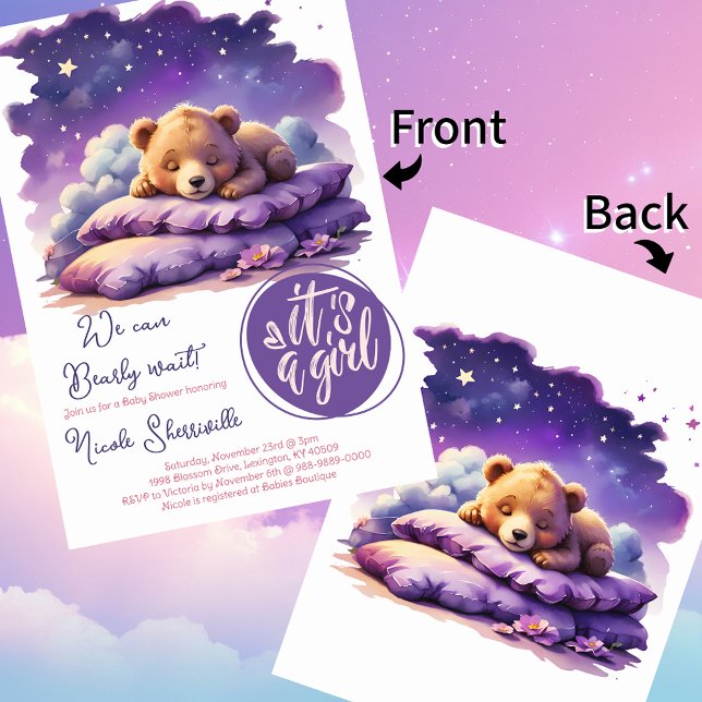 Baby Bear Sleeping Purple Galaxy Girl Baby Shower Invitation (Sweet sleepy bear it's a girl pink and purple baby shower invitations)