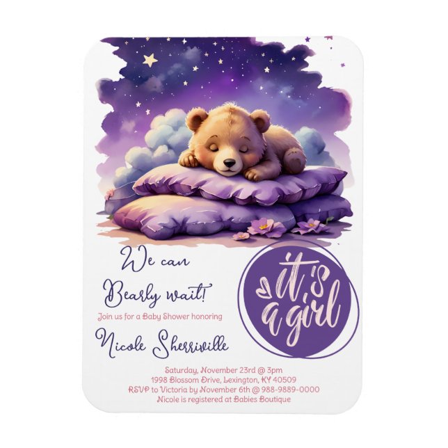 Baby Bear Sleeping Purple Galaxy Girl Baby Shower Magnet (Vertical)