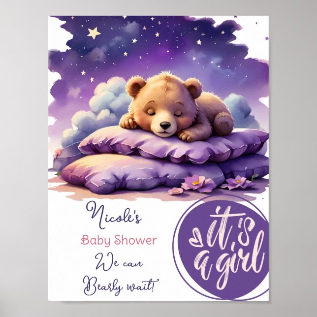 Baby Bear Sleeping Purple Galaxy Girl Baby Shower Poster (Front)