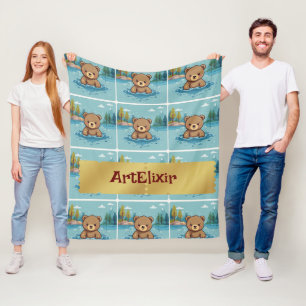 Baby Bear Swimming in a Pond Print  Fleece Blanket