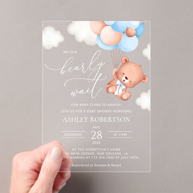 Baby Bear, Teddy Bear, Blue Balloons, Baby Shower Acrylic Invitations (Insitu (Handheld))