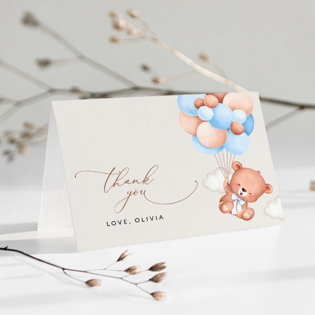 Baby Bear, Teddy Bear, Blue Balloons, Baby Shower Thank You Card (Creator Uploaded)
